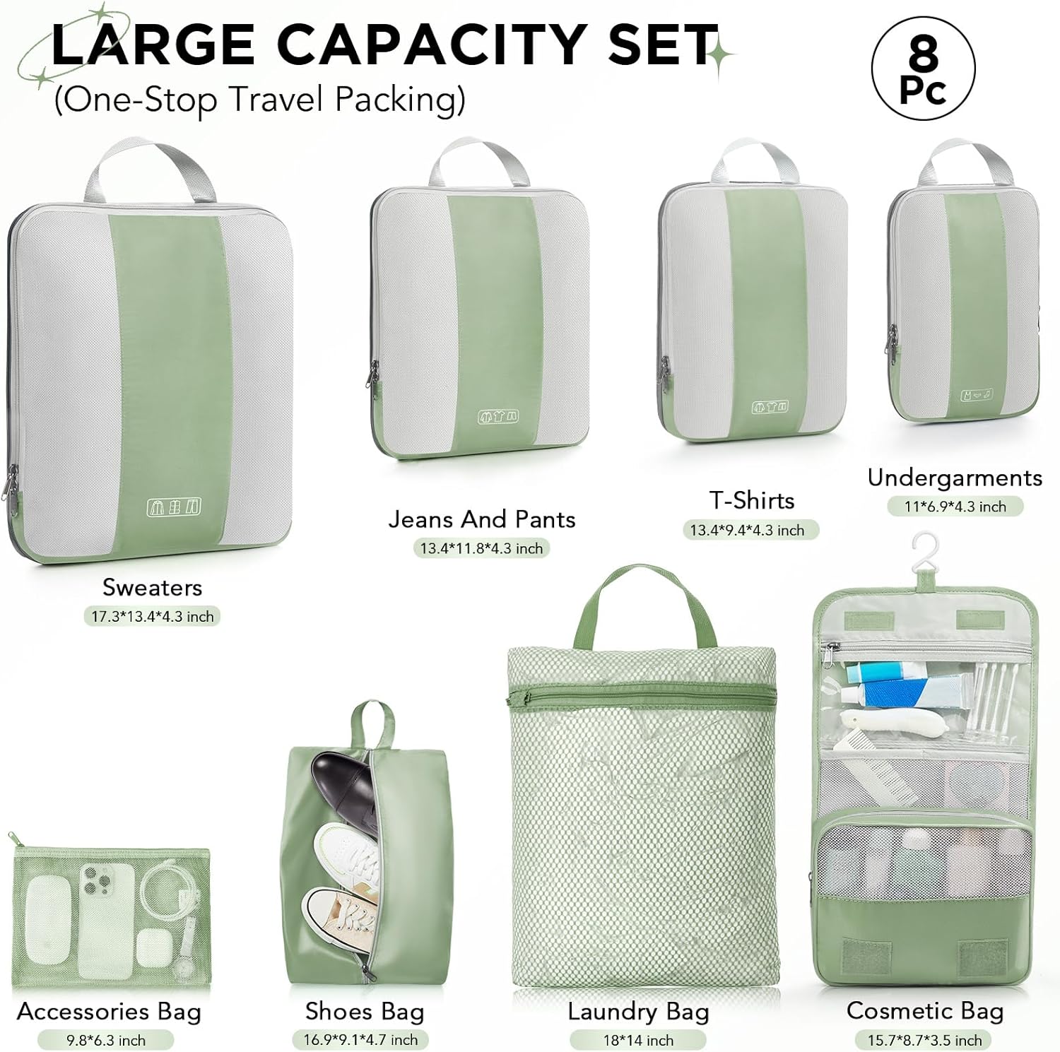 OlarHike | Compression Packing Cubes | 8 Set | Matcha Green - aborderproducts