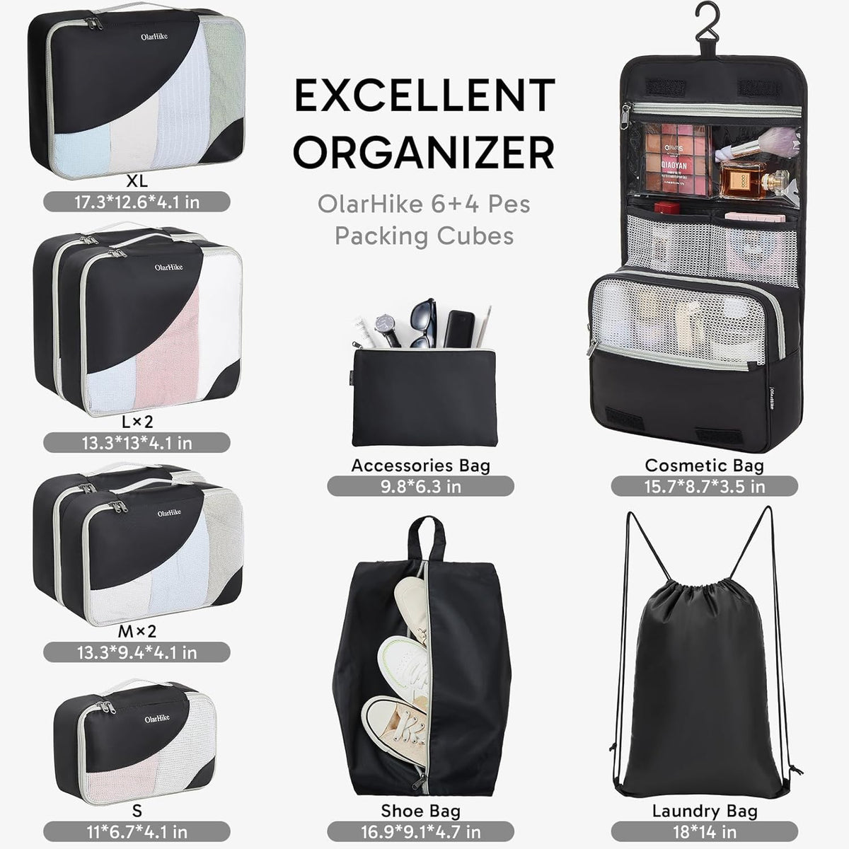 OlarHike | Packing Cubes | 10 Set | Black - aborderproducts