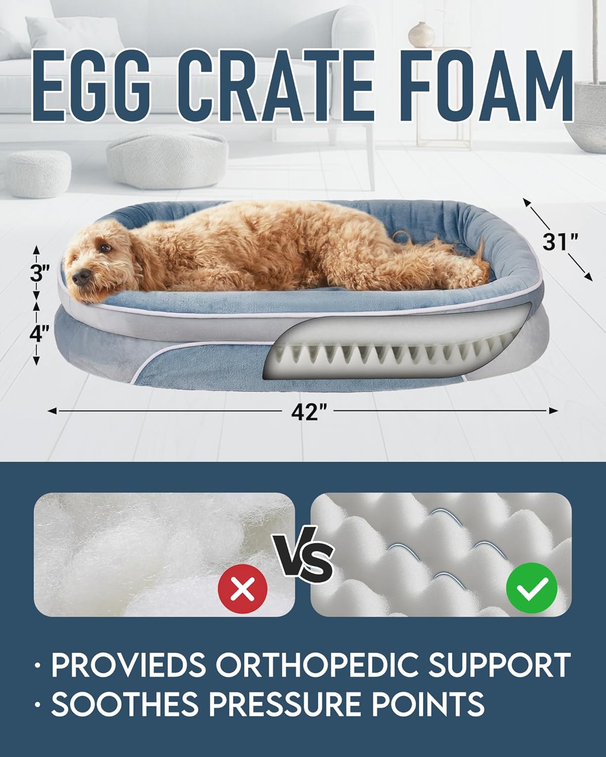 OhGeni | Orthopedic Dog Bed | X-Large (42 x 31 x 7 Inch) | Washed Blue - aborderproducts