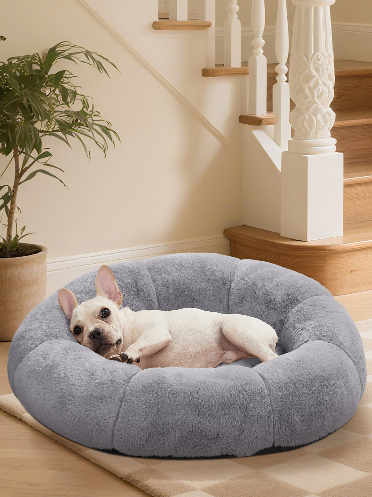 OhGeni 31 inches Calming Donut Dog & Cat Bed for Medium Pets, Warming Comfort Fluffy Short Pile Fur, Durable Waterproof Machine Washable Removable Cover, Cute Round Bed for Puppy and Kitten, Light Gray - aborderproducts
