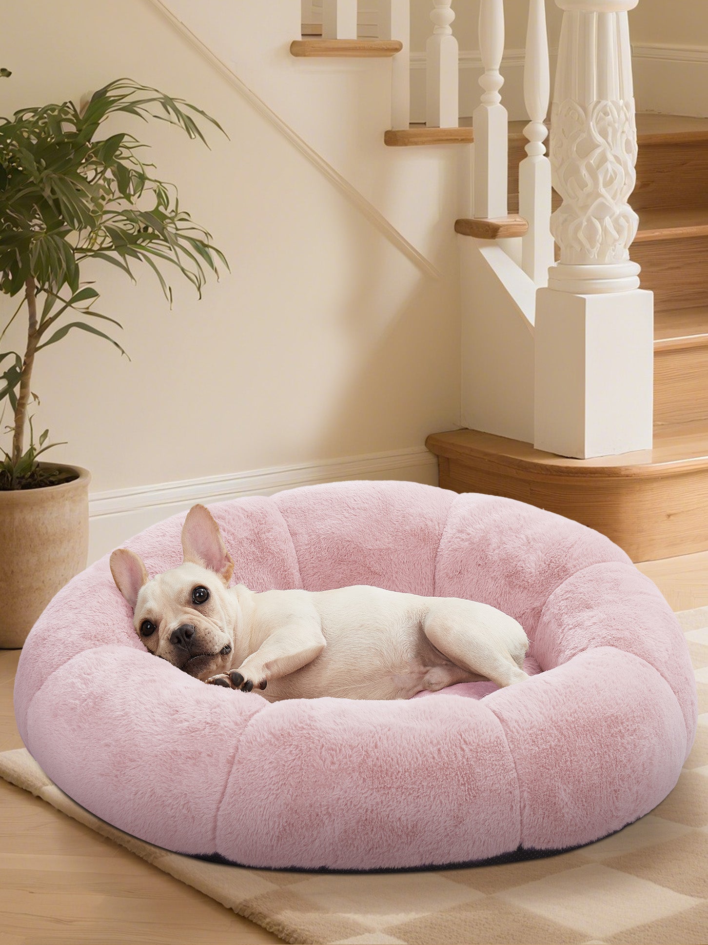 OhGeni 31 inches Calming Donut Dog & Cat Bed for Medium Pets, Warming Comfort Fluffy Short Pile Fur, Durable Waterproof Machine Washable Removable Cover, Cute Round Bed for Puppy and Kitten, Pink - aborderproducts