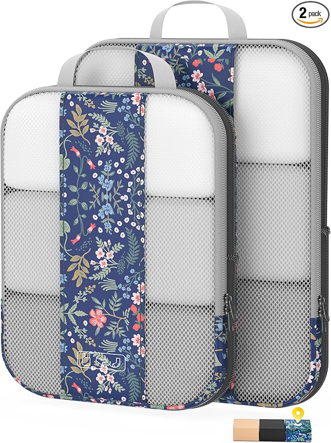 2 Set Compression Packing Cubes for Travel Essentials,Compressible Expandable Packing Cubes for Suitcase,OlarHike Luggage Organizer Bags,Handy Helper for Organizing Clothes(Dark Blue Floral) - aborderproducts
