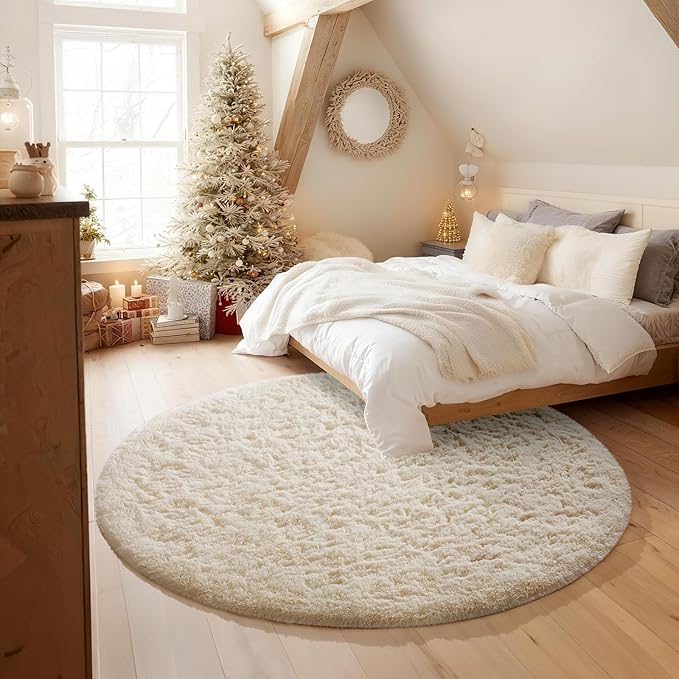 Ophanie Round Rug 4Ft Beige Circle Area Rug, Fluffy Fuzzy Small Bedroom Carpet, Plush Soft Shaggy Floor Living Room Circular Christmas Decor for Kids Boys Girls Home Aesthetic, Nursery, Classroom