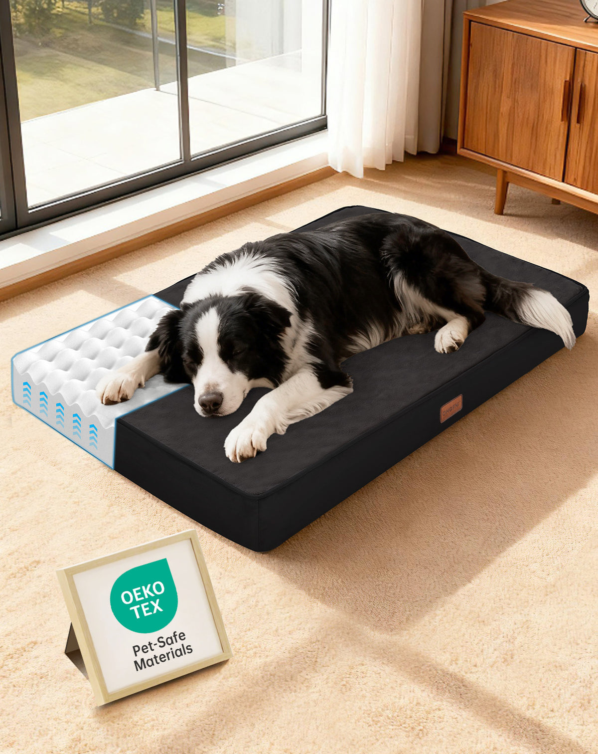 OhGeni Orthopedic Waterproof Bed for Dogs & Cats - Machine Washable Pet Bed with 25D Egg Crate Foam, Non-Slip Bottom & Removable Cover, Black, 35 inch - aborderproducts