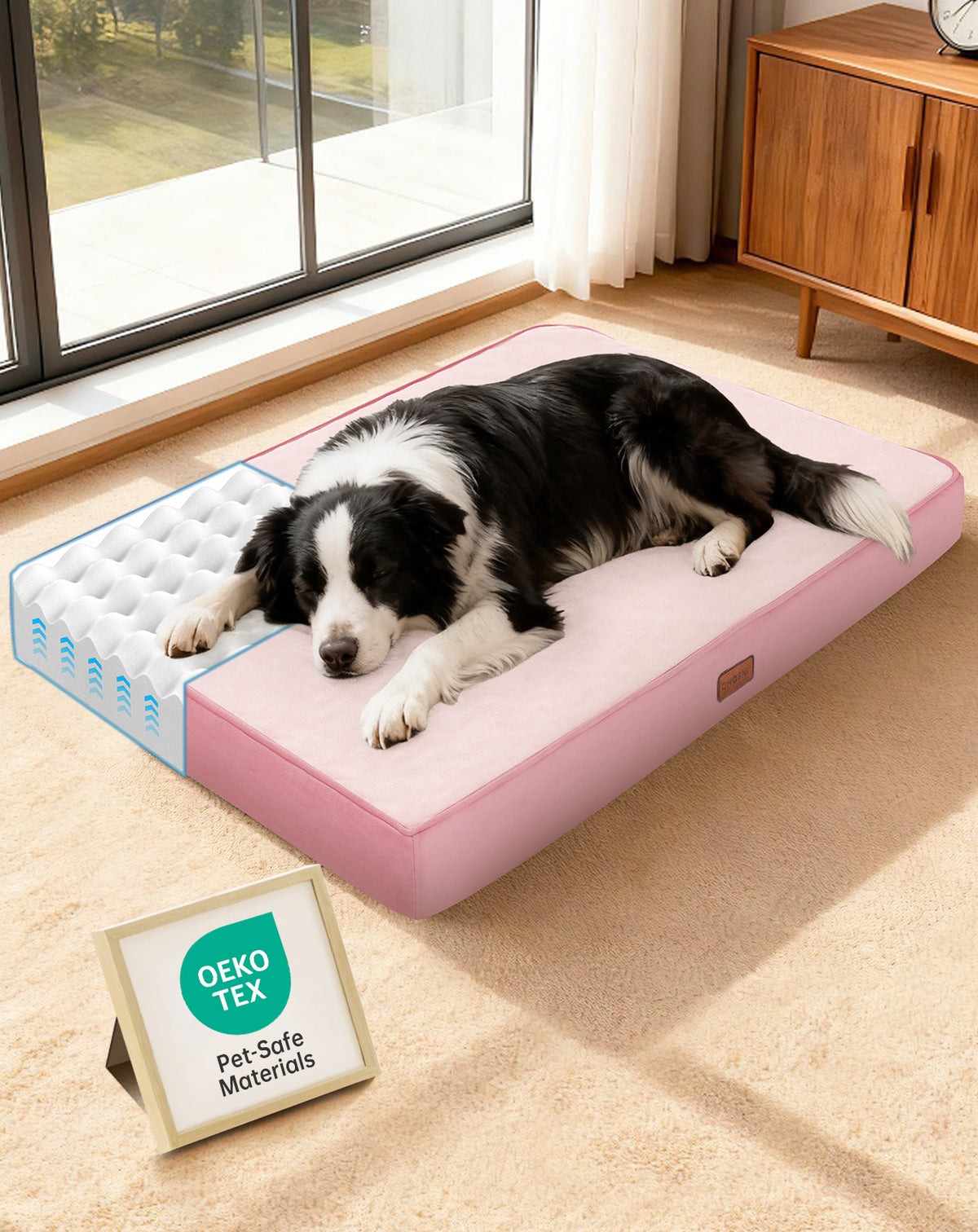 OhGeni Orthopedic Waterproof Bed for Dogs & Cats - Machine Washable Pet Bed with 25D Egg Crate Foam, Non-Slip Bottom & Removable Cover, Pink, 36 inch - aborderproducts