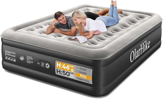 OlarHike King Size Airbed, Inflatable Mattress, Air Bed with Built in Pump, Blow Up Mattress, Folding Guest Bed Self Inflating with Flocked Surface for Camping and Home Use, 203cm x 152cm x 46cm - aborderproducts
