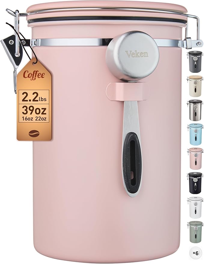Veken Coffee Canister, 39OZ Large, Airtight Stainless Steel Food Storage Container for 2.2lbs Coffee Beans, Ground, Sugar, Tea, Flour, Cereal, Kitchen Bar Accessories with Date Tracker & Scoop, Pink