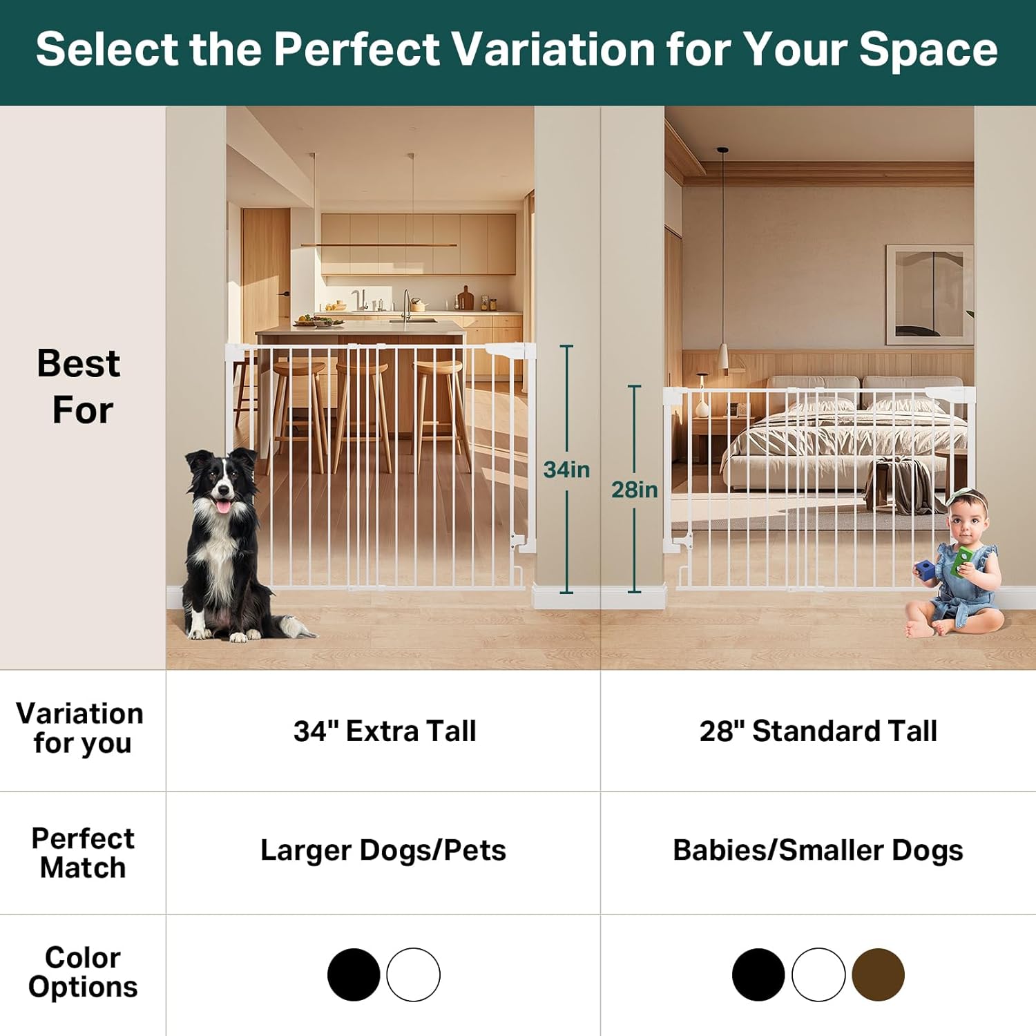 Cumbor | Safety Gate | No Bottom Bar | 34" x 29.2-43" | White - aborderproducts