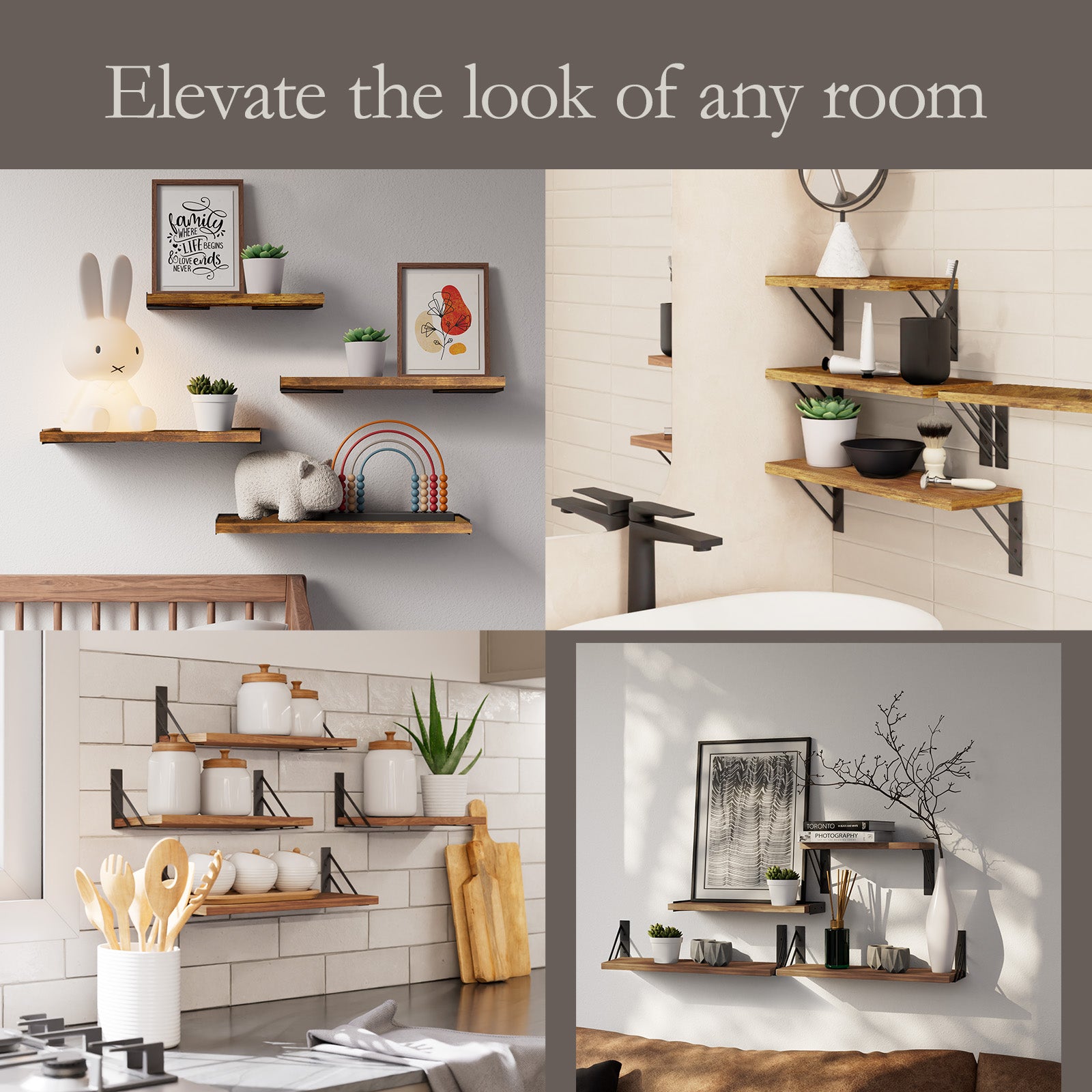BAYKA | Floating Shelves | Set of 4 | Rustic Brown - aborderproducts