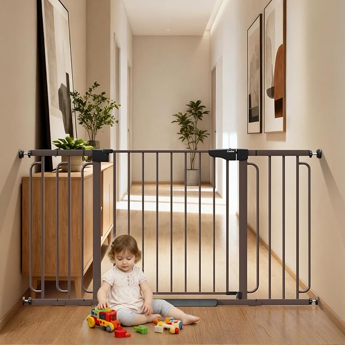 Cumbor 36.6-59" Extra Wide Baby Gate for Stairs, Pressure Mounted Dog Gate for Doorways, Auto-Close Easy Walk Through Safety Child Gate for Kids Toddler, Tall Pet Gates Indoor, Brown - aborderproducts