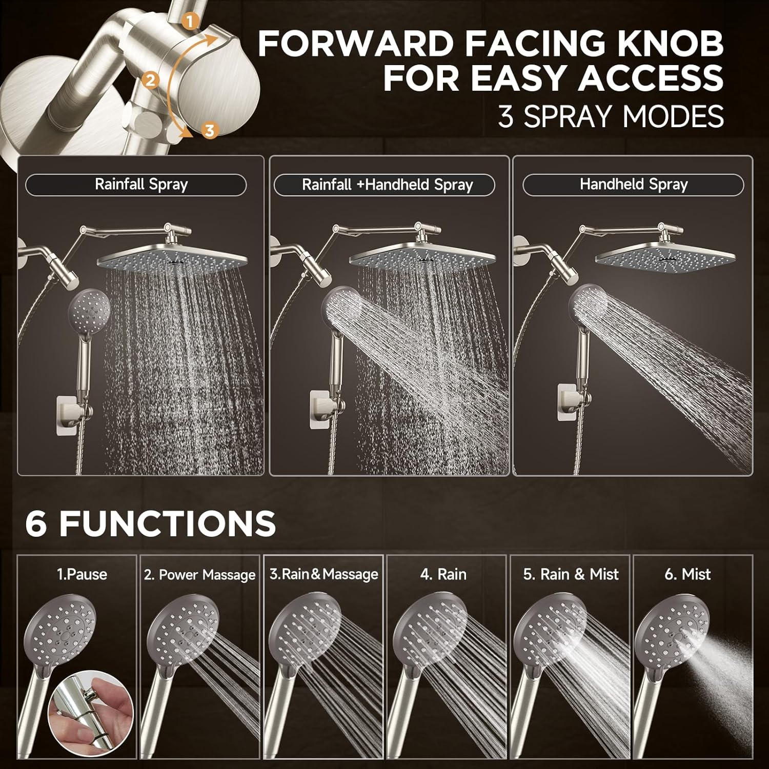 Veken | Rectangle High Pressure Rain Shower Head Combo | 1.8 GPM | Brushed Nickel