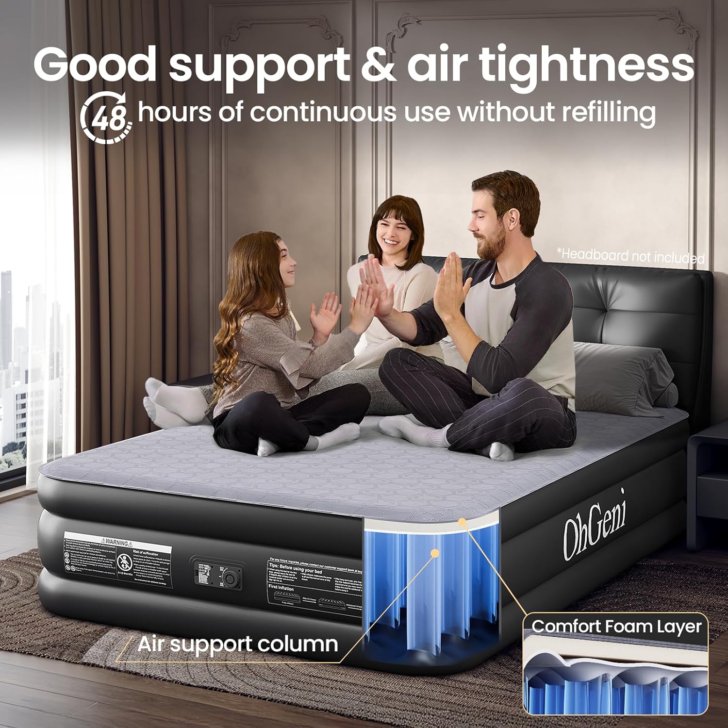 OhGeni | Air Mattress | Silk Foam Topper | 80"L x 60"W x 18"Th | Queen | Black - aborderproducts