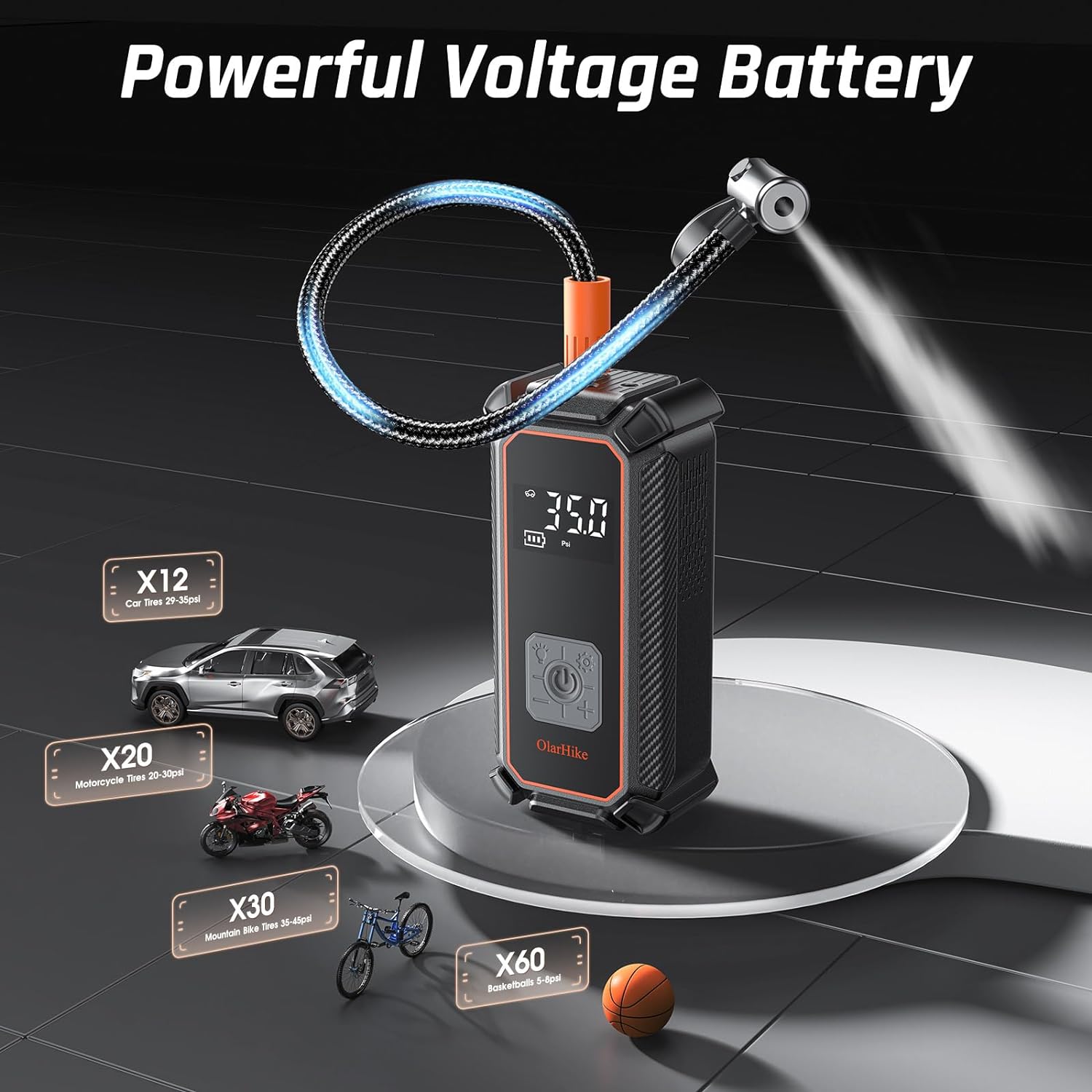 Change title: OlarHike Cordless Electric Tire Inflator Portable Air Compressor, Auto Air Pump for Car Tires,SUV,Bicycle, Bike,motorcycle,ball, Tire Inflator with Digital Pressure Gauge, Smart Pump with LED Light, Gray - aborderproducts