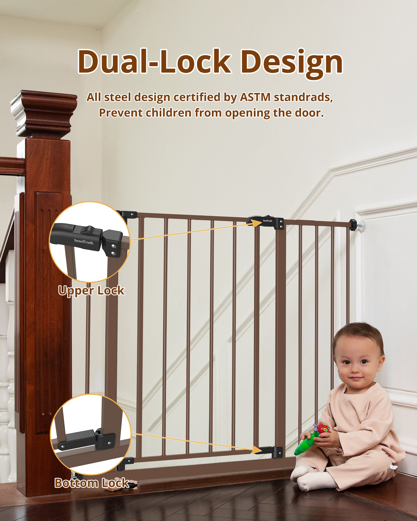 Baby Gate Extra Tall | 28.9” to 42.1” | Brown | InnoTruth - aborderproducts