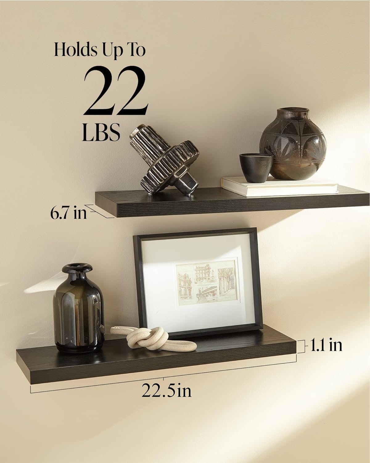 BAYKA Floating Shelves, Wall Mounted Rustic Wood Shelves | 2pcs | 22.5in | Black - aborderproducts