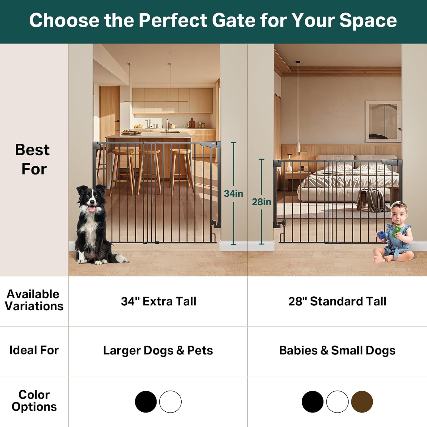 Cumbor | Safety Gate | No Bottom Bar | 34" x 29.2-43" | Black - aborderproducts