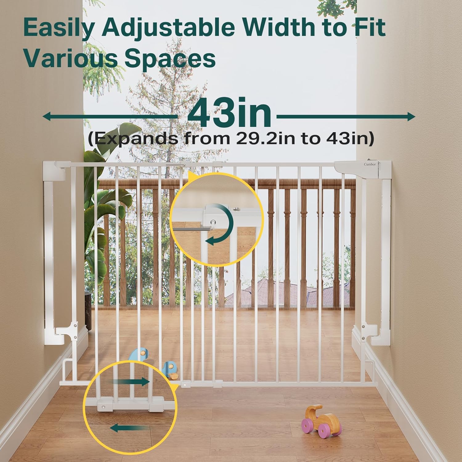 Cumbor | Safety Gate | No Bottom Bar | 29.2-43" | White - aborderproducts
