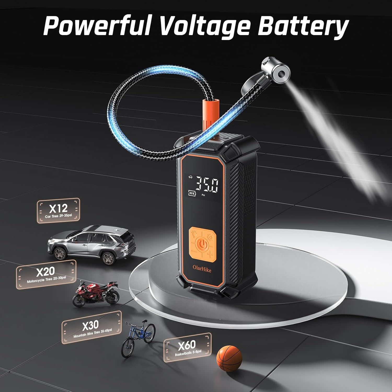 OlarHike Cordless Electric Tire Inflator Portable Air Compressor, Auto Air Pump for Car Tire,SUV,Bicycle, Bike,motorcycle,ball, Tire Inflator with Digital Pressure Gauge, Smart Pump with LED Light, Orange - aborderproducts