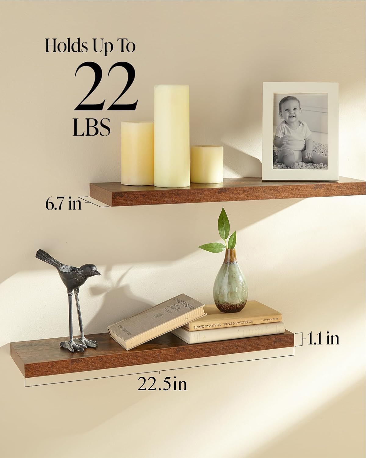 BAYKA Floating Shelves, Wall Mounted Rustic Wood Shelves | 2pcs | 22.5in | Rustic Brown - aborderproducts