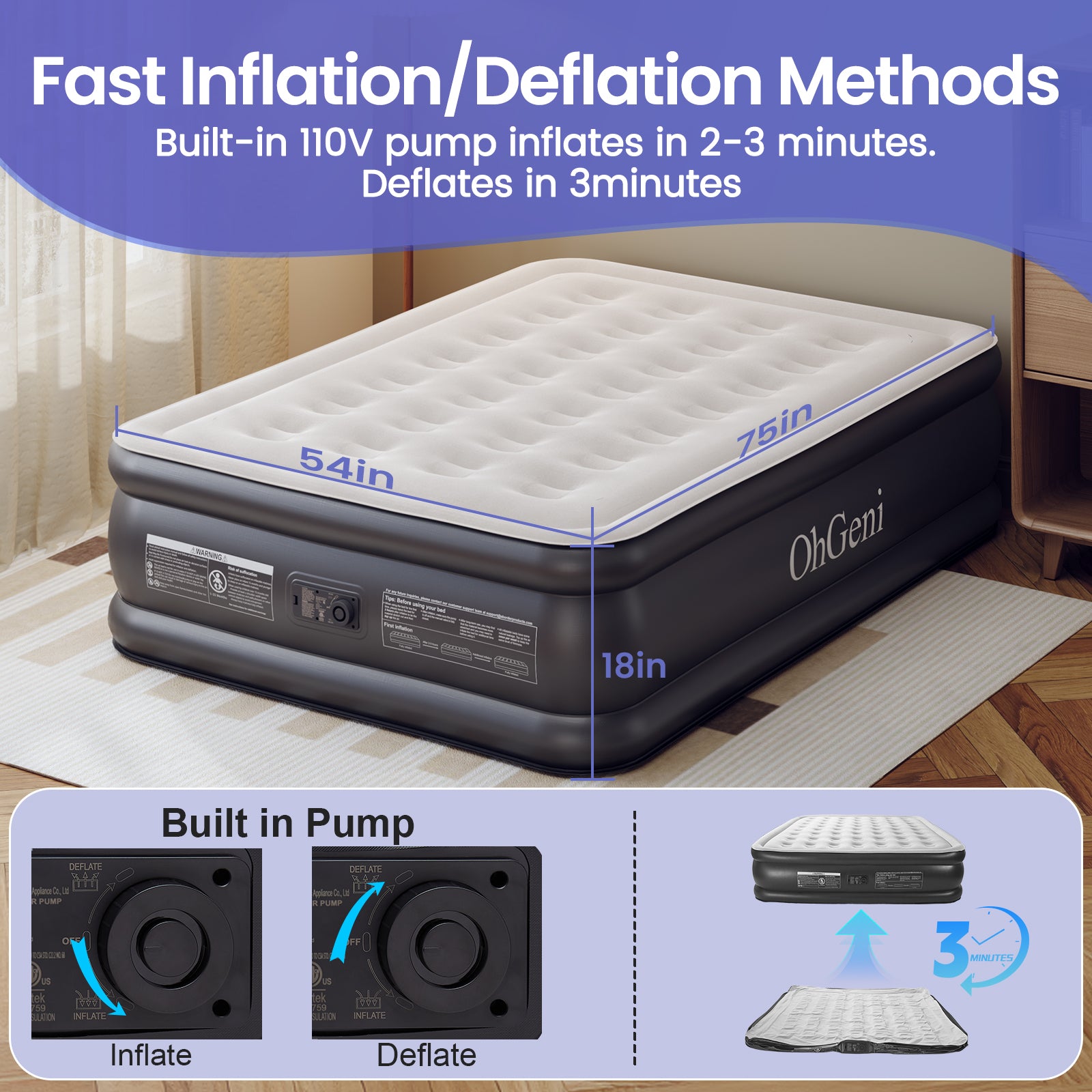 OhGeni | Air Mattress | Full Size | 18'' | Black - aborderproducts