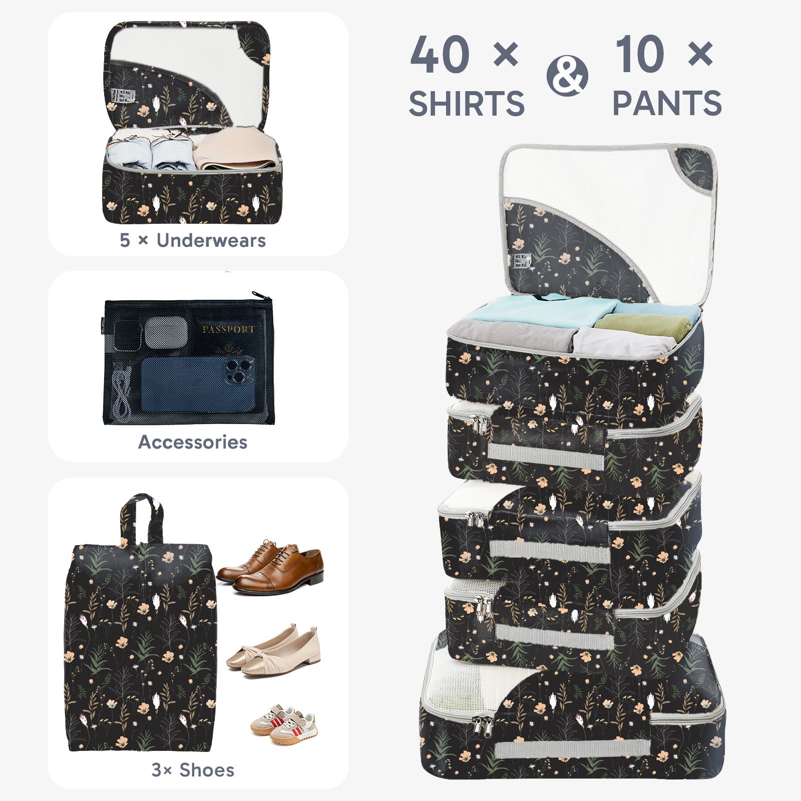ALL INCLUDED 10 Set Durable Packing Cubes for Suitcases,OlarHike Essentials for Travel,UPGRADED Anti-Tear Stitching, NEW Improved Luggage Packing Organizers for Travel Accessories (Black Flower) - aborderproducts