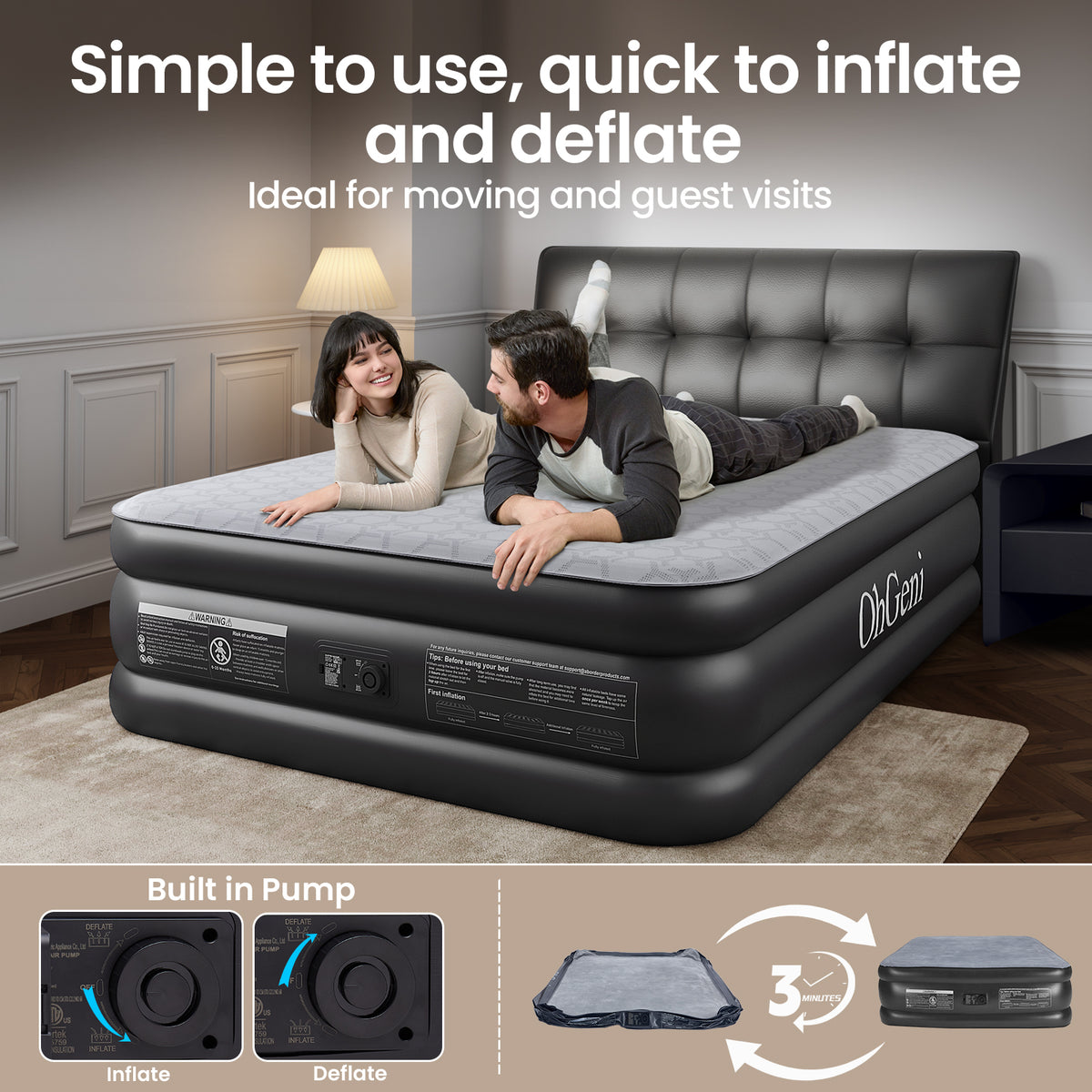 OhGeni | Air Mattress with Silk Foam Topper | Queen | 18" | Black - aborderproducts