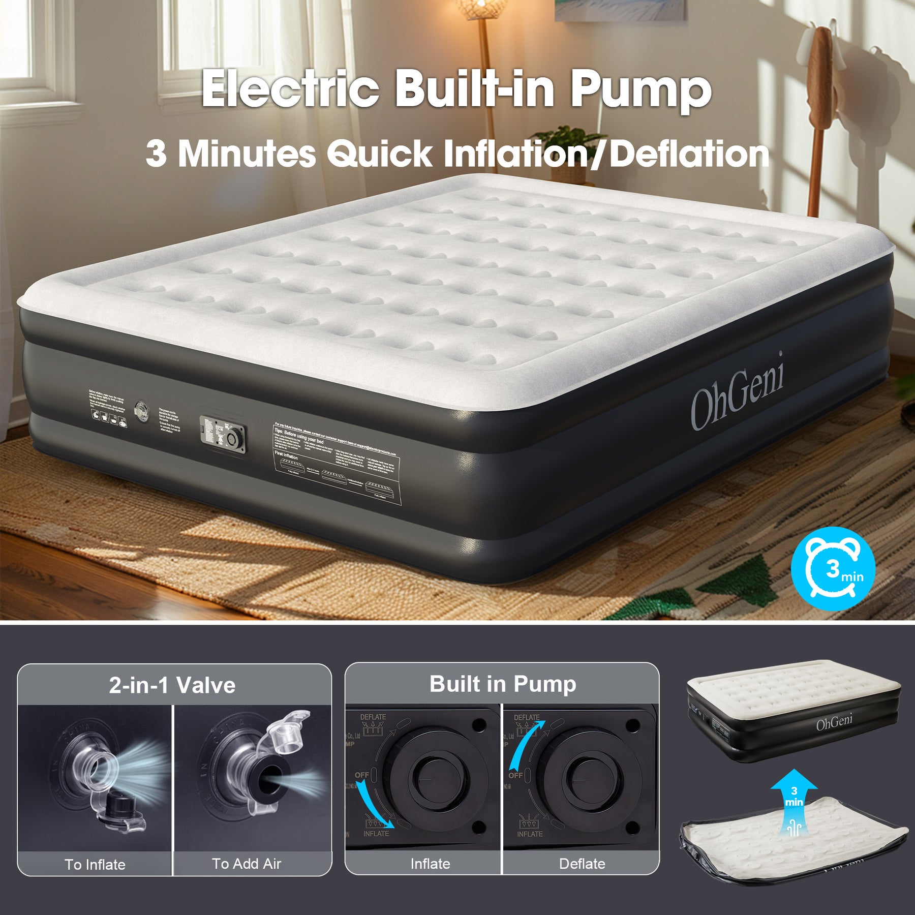 OhGeni | Air Mattress | Queen | 18 Raised | Black - aborderproducts