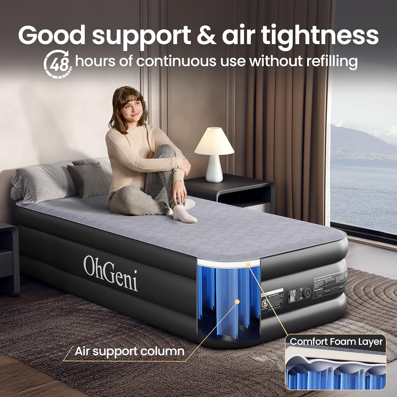 OhGeni | Air Mattress | Silk Foam Topper | 75"L x 39"W x 18"Th | Twin | Black - aborderproducts