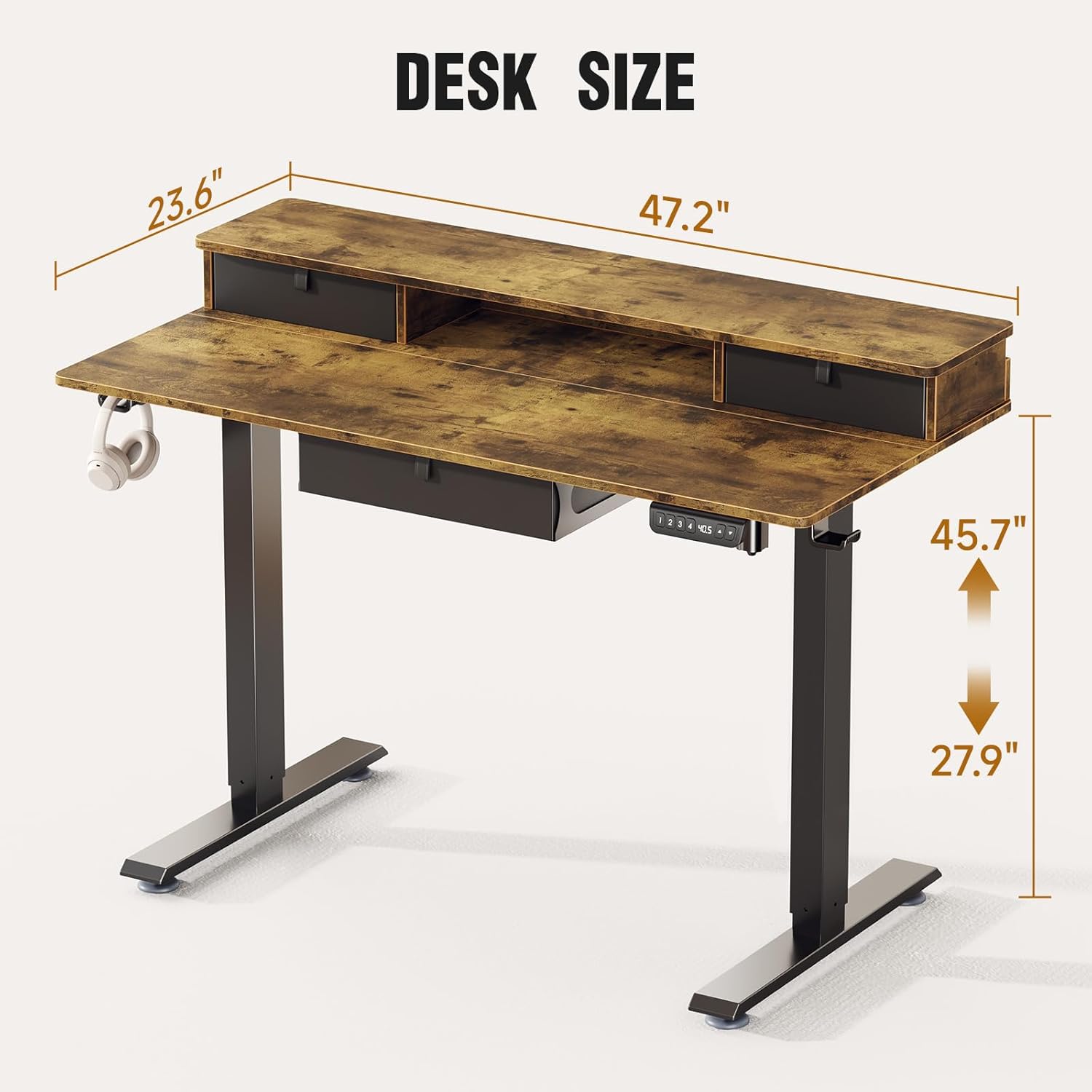 Veken | Standing Desk with 3 Drawers | 47.2 Inch | Brown - aborderproducts