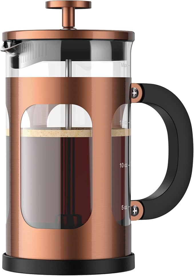 Veken French Press Coffee Maker 21oz 0.6 L, Heat Resistant Thickened Borosilicate Glass,Stainless Steel Brewer,Single Serve Small Pot, Cold Brew Cafetera Teapot for Kitchen Travel Camping, Copper - aborderproducts