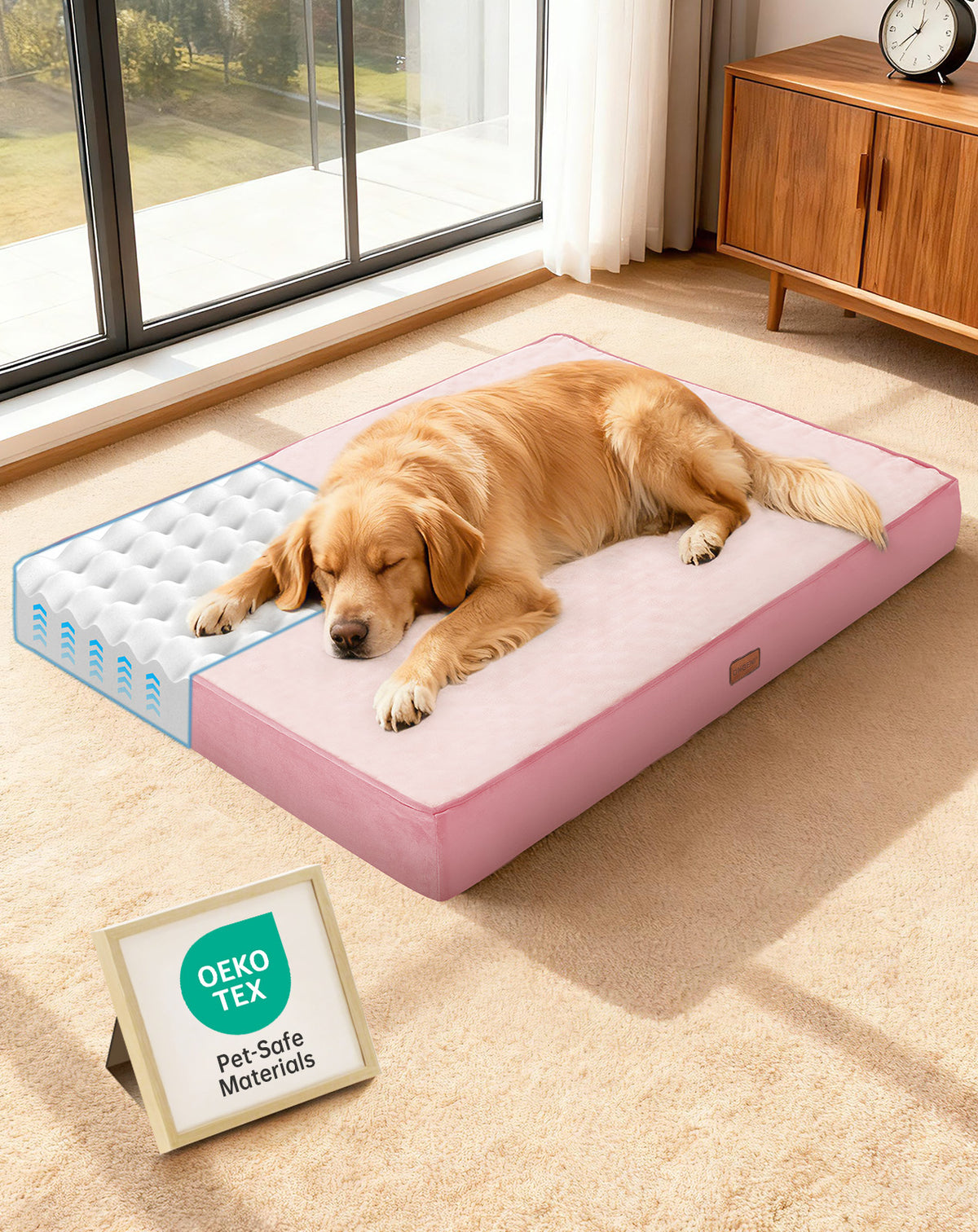 OhGeni Orthopedic Waterproof Bed for Dogs & Cats - Machine Washable Pet Bed with 25D Egg Crate Foam, Non-Slip Bottom & Removable Cover, Pink, 44 inch - aborderproducts