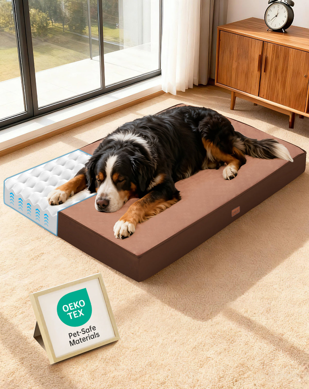 OhGeni Orthopedic Waterproof Bed for Dogs & Cats - Machine Washable Pet Bed with 25D Egg Crate Foam, Non-Slip Bottom & Removable Cover, Brown, 47 inch - aborderproducts