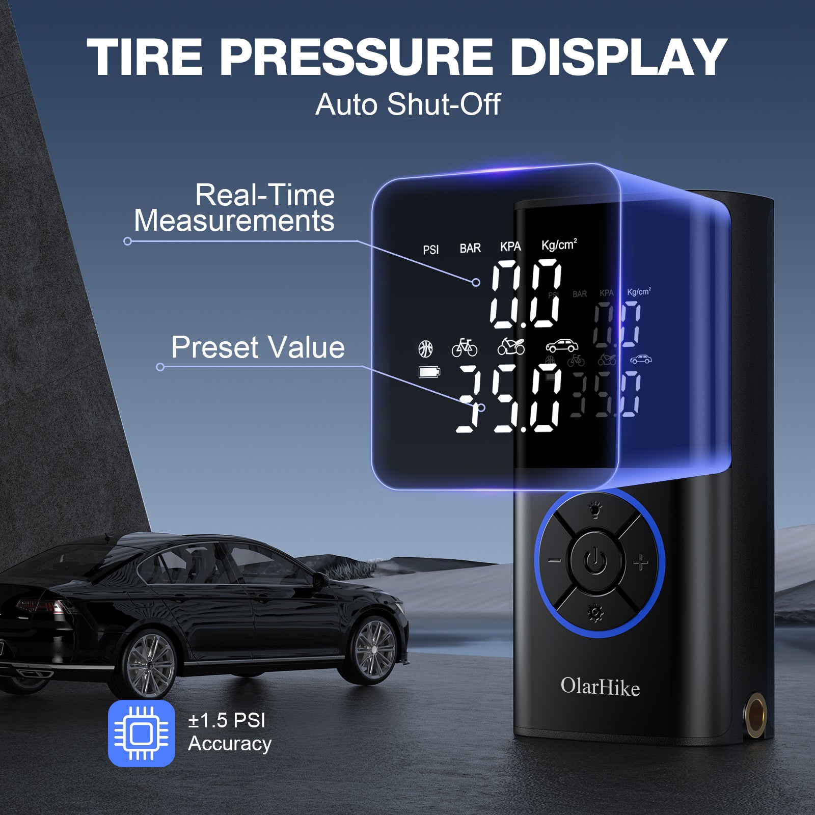 OlarHike Mini Tire Inflator Portable Air Compressor, 5200mAh Battery Powered, 160PSI Auto Air Pump for Car Tires, Motorcycle, Bicycle, Electric Pump with LED Light & Digital Pressure Gauge - aborderproducts