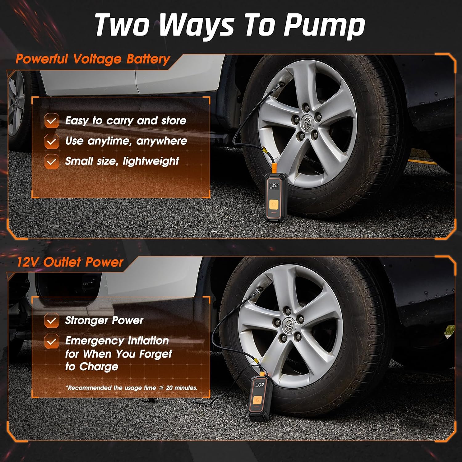 OlarHike Cordless Electric Tire Inflator Portable Air Compressor, Auto Air Pump for Car Tire,SUV,Bicycle, Bike,motorcycle,ball, Tire Inflator with Digital Pressure Gauge, Smart Pump with LED Light, Orange - aborderproducts