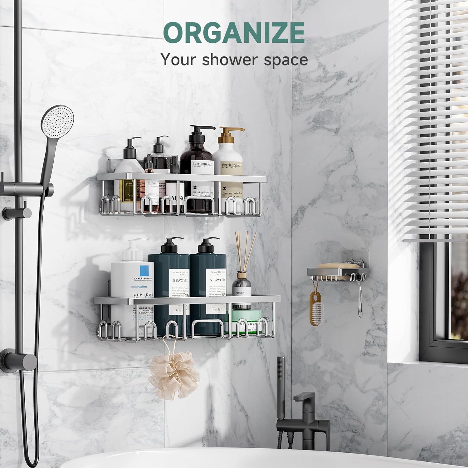 Veken Rustproof & Waterproof Shower Caddy 2-Pack, No Drilling Adhesive Shelves Rack with Soap Holder, Large Capacity Bathroom Organizers and Storage, Wall-Mounted Kitchen & Home Decor, Silver - aborderproducts