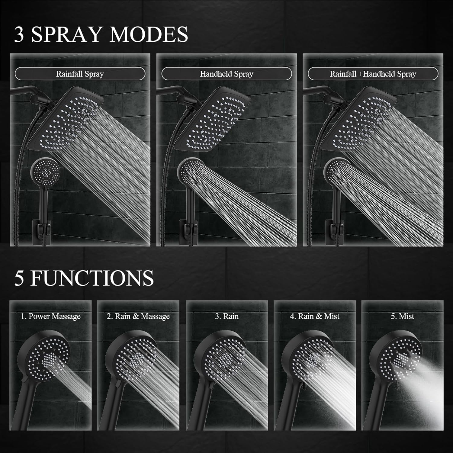 Veken | Shower Head | 9 Inch | Combo | Wide Square | Black - aborderproducts