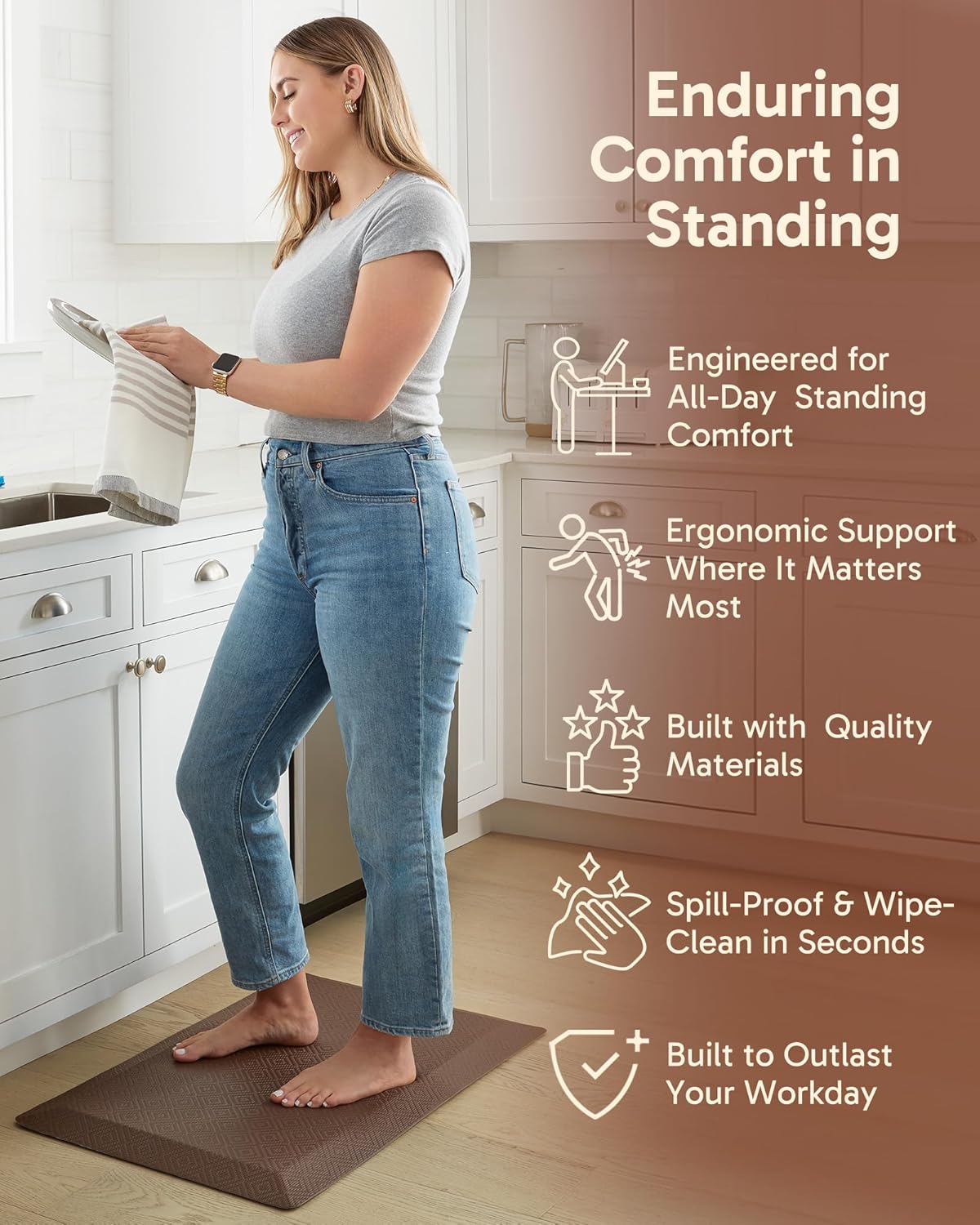 Ophanie | Anti Fatigue Standing Cushioned Mat | 24'' x 70'' | Brown