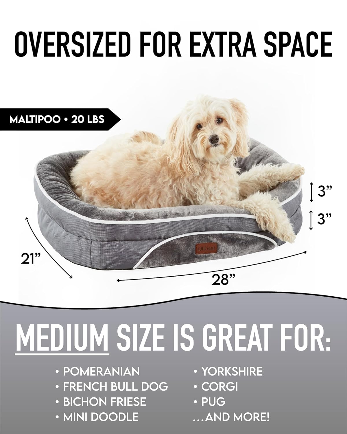Orthopedic Dog Bed| Medium (28 x 21 x 6 Inch) |Gray|OhGeni - aborderproducts