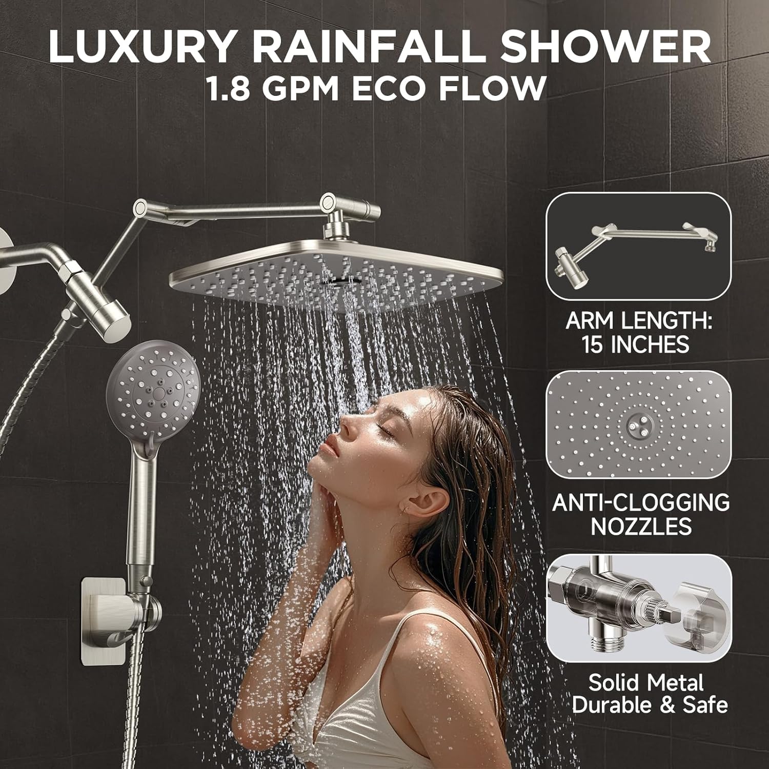 Veken | Rectangle High Pressure Rain Shower Head Combo | 1.8 GPM | Brushed Nickel