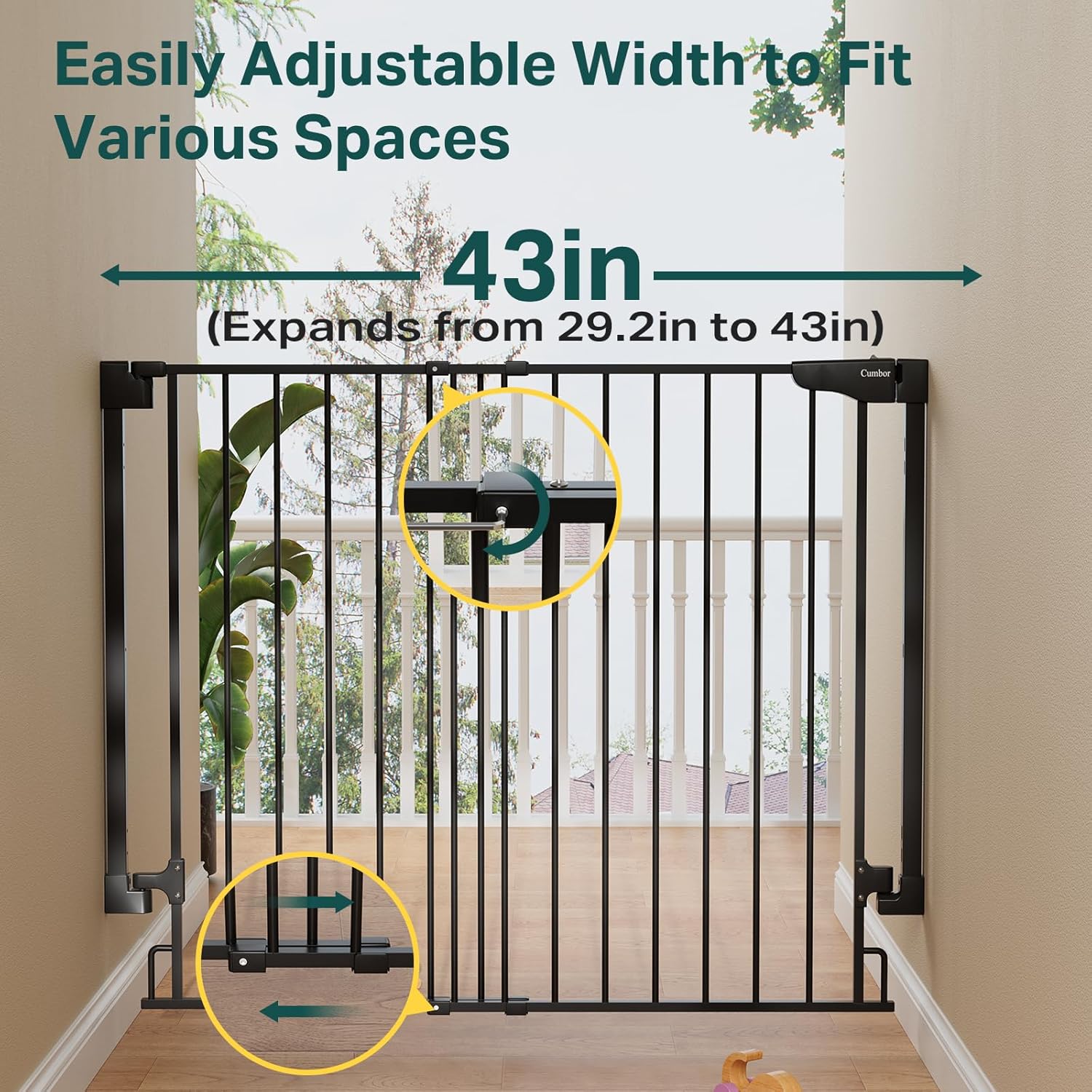 Cumbor | Safety Gate | No Bottom Bar | 34" x 29.2-43" | Black - aborderproducts