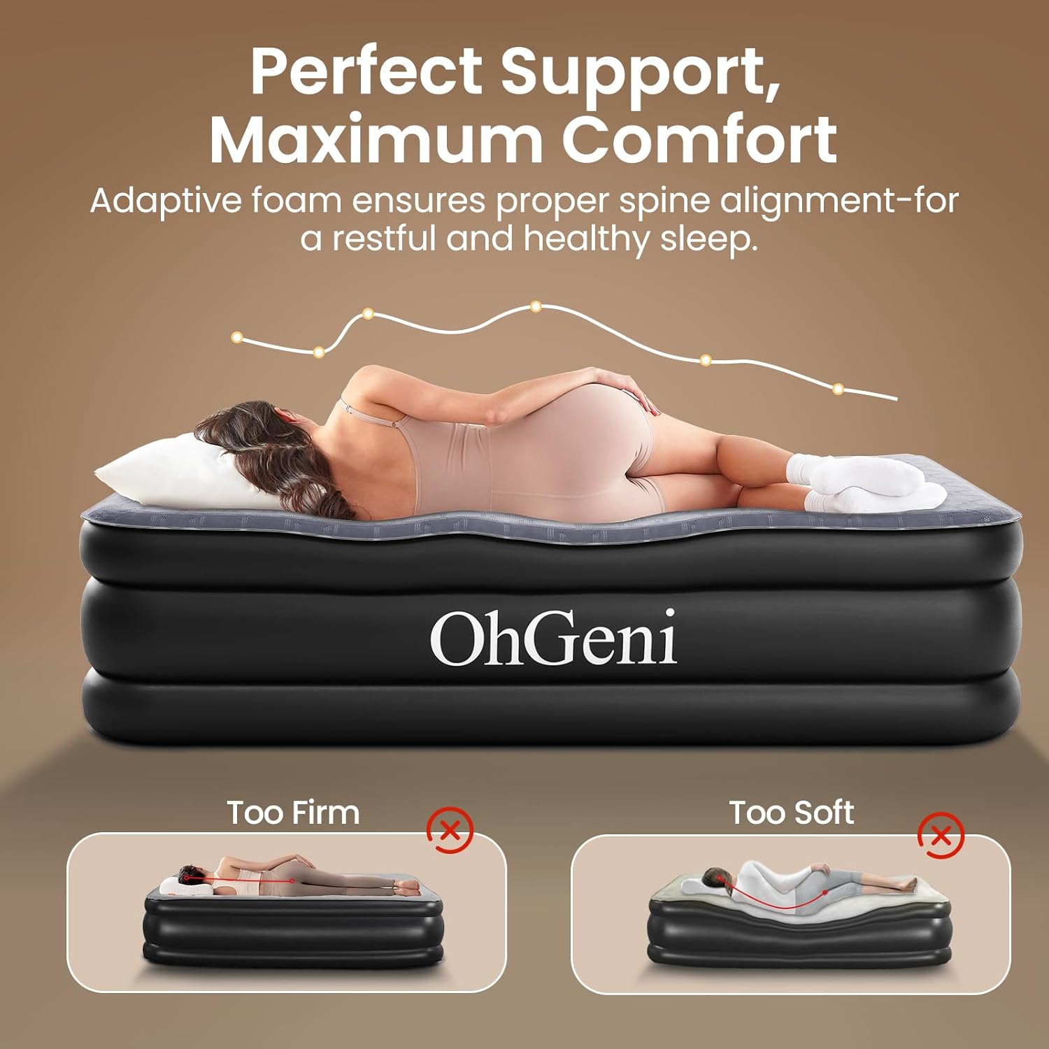 OhGeni | Air Mattress | Silk Foam Topper | 80"L x 60"W x 18"Th | Queen | Black - aborderproducts