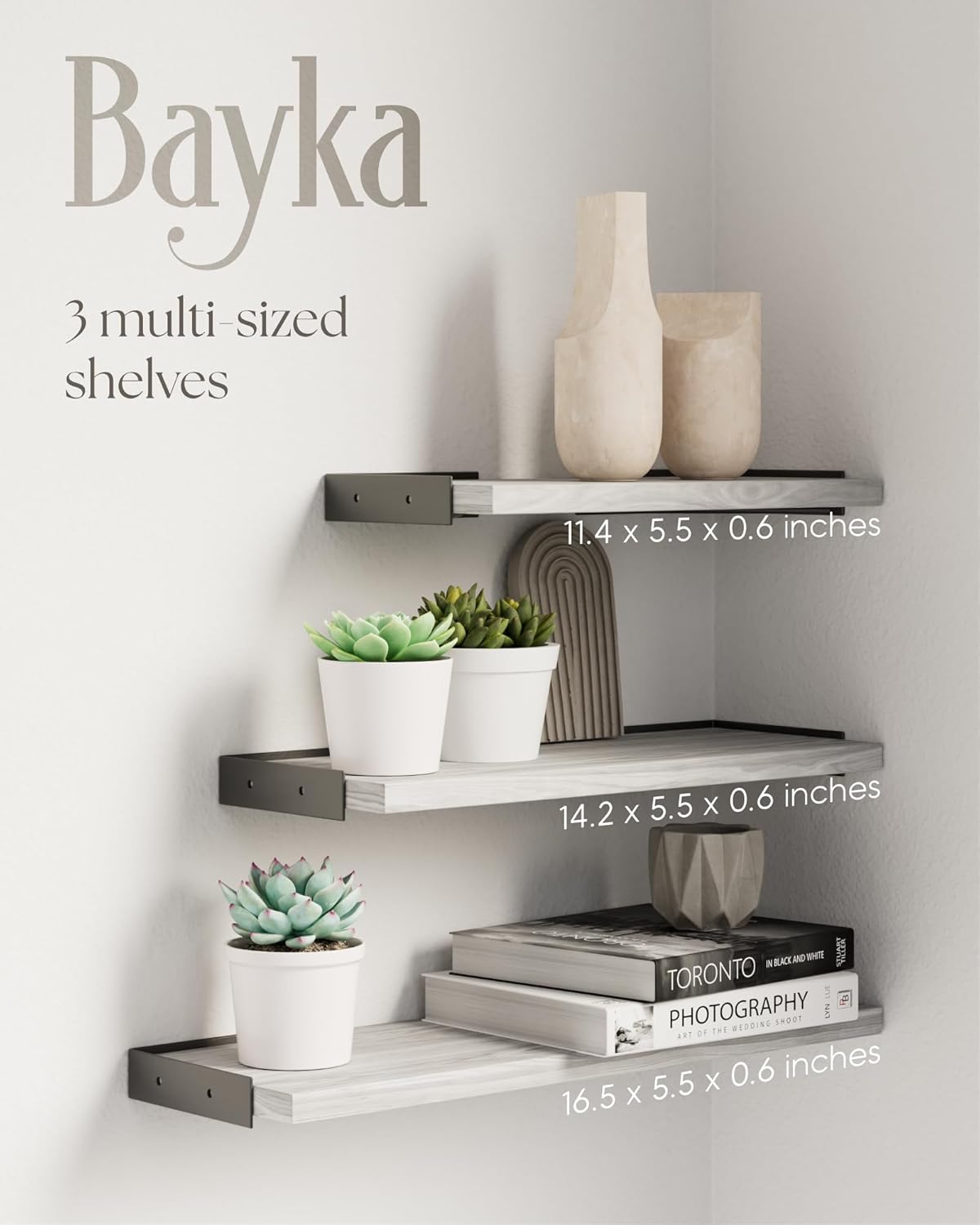 BAYKA | Floating Shelves | Set of 3 | Grey White - aborderproducts