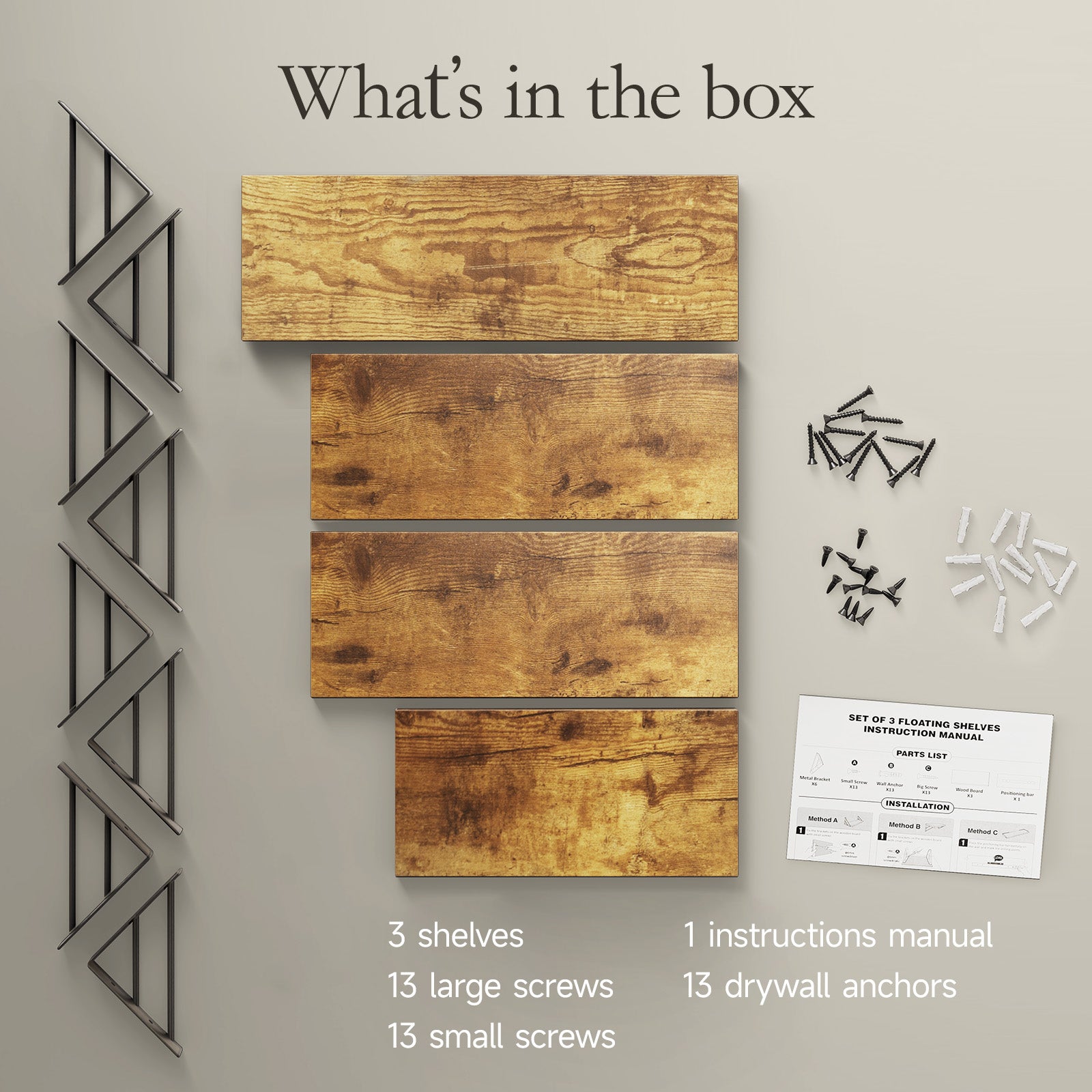 BAYKA | Floating Shelves | Set of 4 | Rustic Brown - aborderproducts