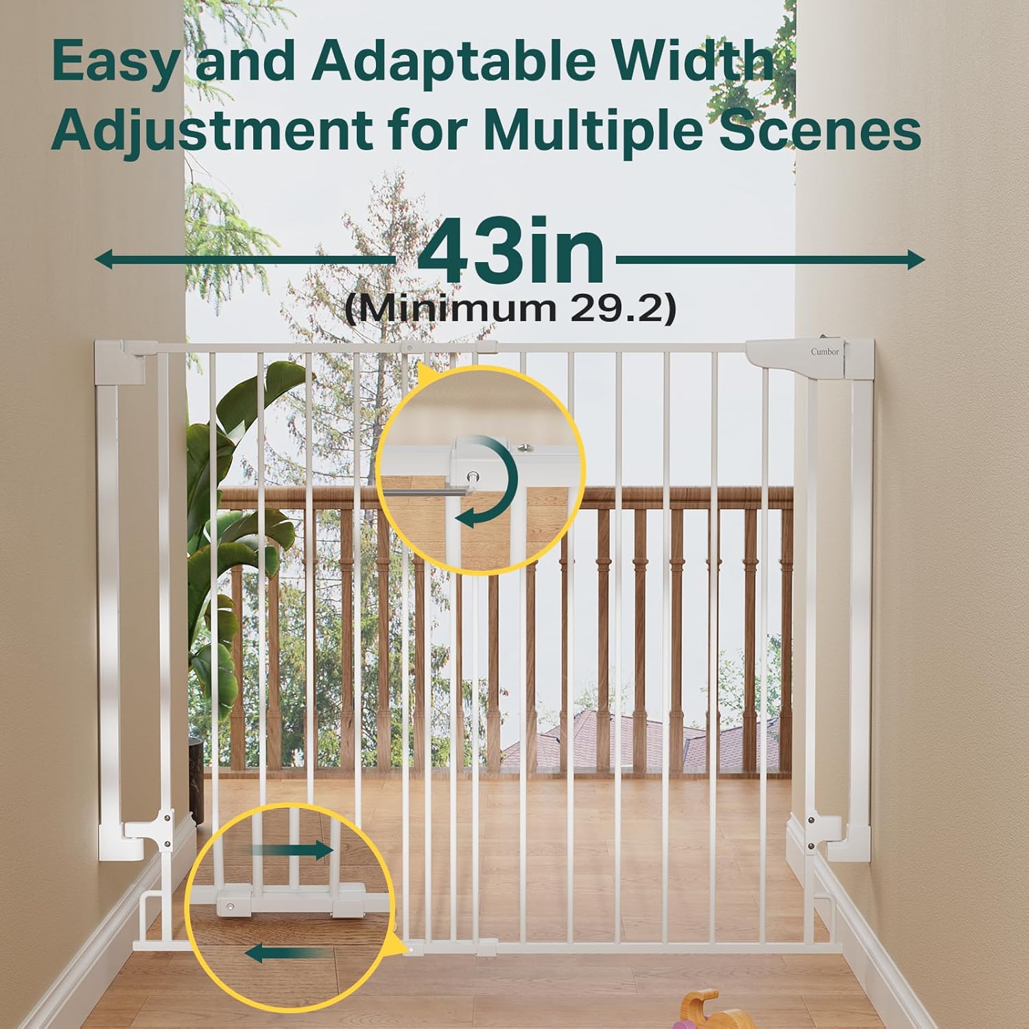 Cumbor | Safety Gate | No Bottom Bar | 34" x 29.2-43" | White - aborderproducts