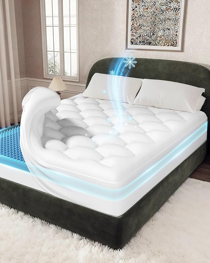 OhGeni Cooling 5 lnch King Size Dual Layer Mattress Topper, 3 Inch Gel Memory Foam, 2 Inch Soft Breathable Pillow Top Pad, Bedroom Mattresses Cover, Extra Comfortable Sleep and Back Pain Relief
