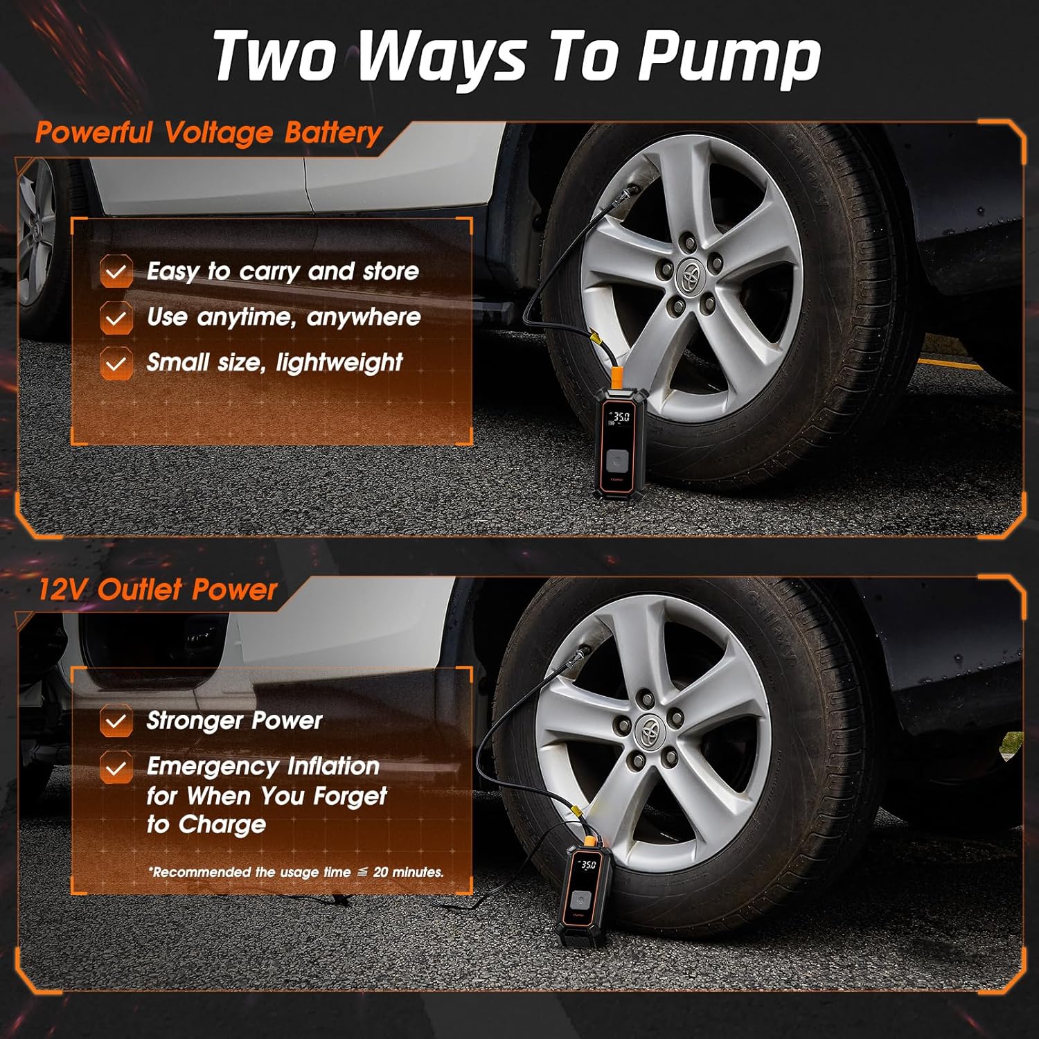 Change title: OlarHike Cordless Electric Tire Inflator Portable Air Compressor, Auto Air Pump for Car Tires,SUV,Bicycle, Bike,motorcycle,ball, Tire Inflator with Digital Pressure Gauge, Smart Pump with LED Light, Gray - aborderproducts