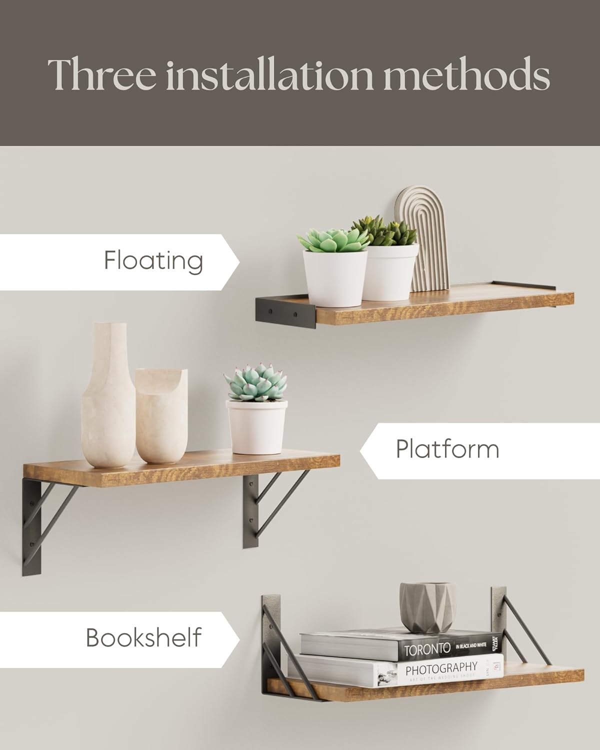 BAYKA | Floating Shelves | Set of 3 | Rustic Brown - aborderproducts
