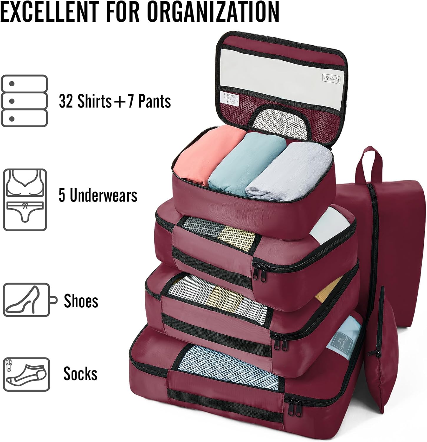 Veken | Packing Cubes | 8 Set | Wine Red - aborderproducts