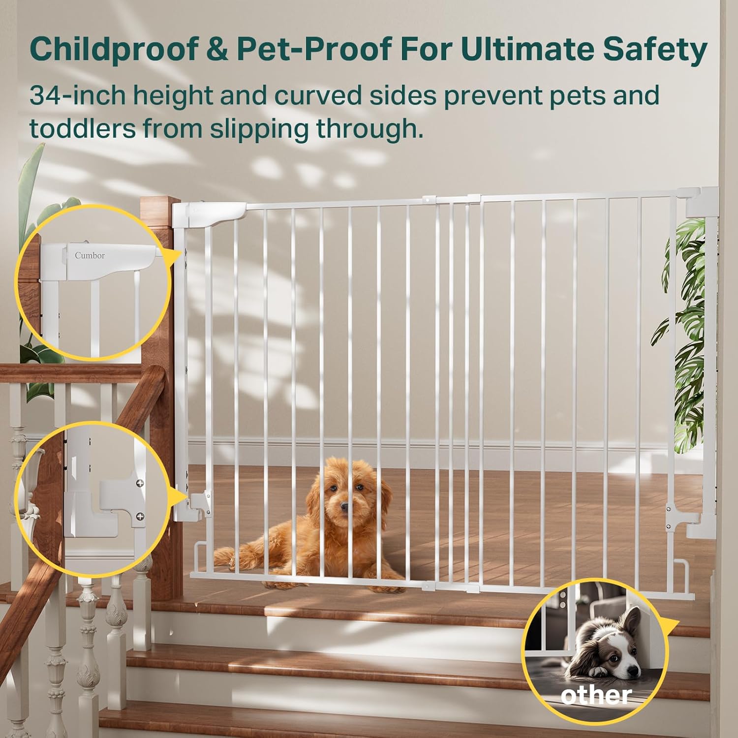 Cumbor | Safety Gate | No Bottom Bar | 34" x 31.6-48" | White - aborderproducts