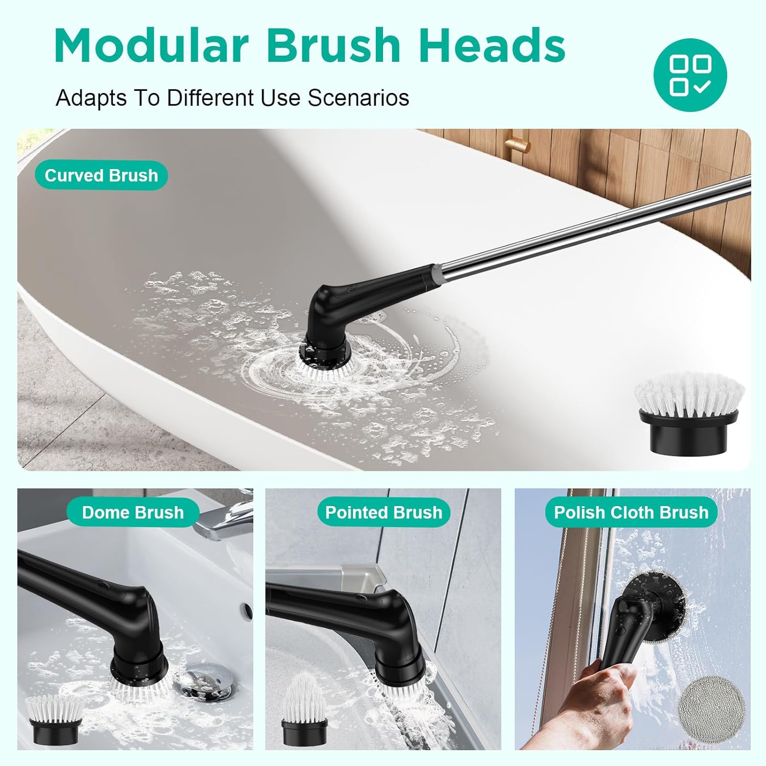 VEKEN ELECTRIC SPIN SCRUBBER, 9 REPLACEABLE BRUSH HEADS - aborderproducts